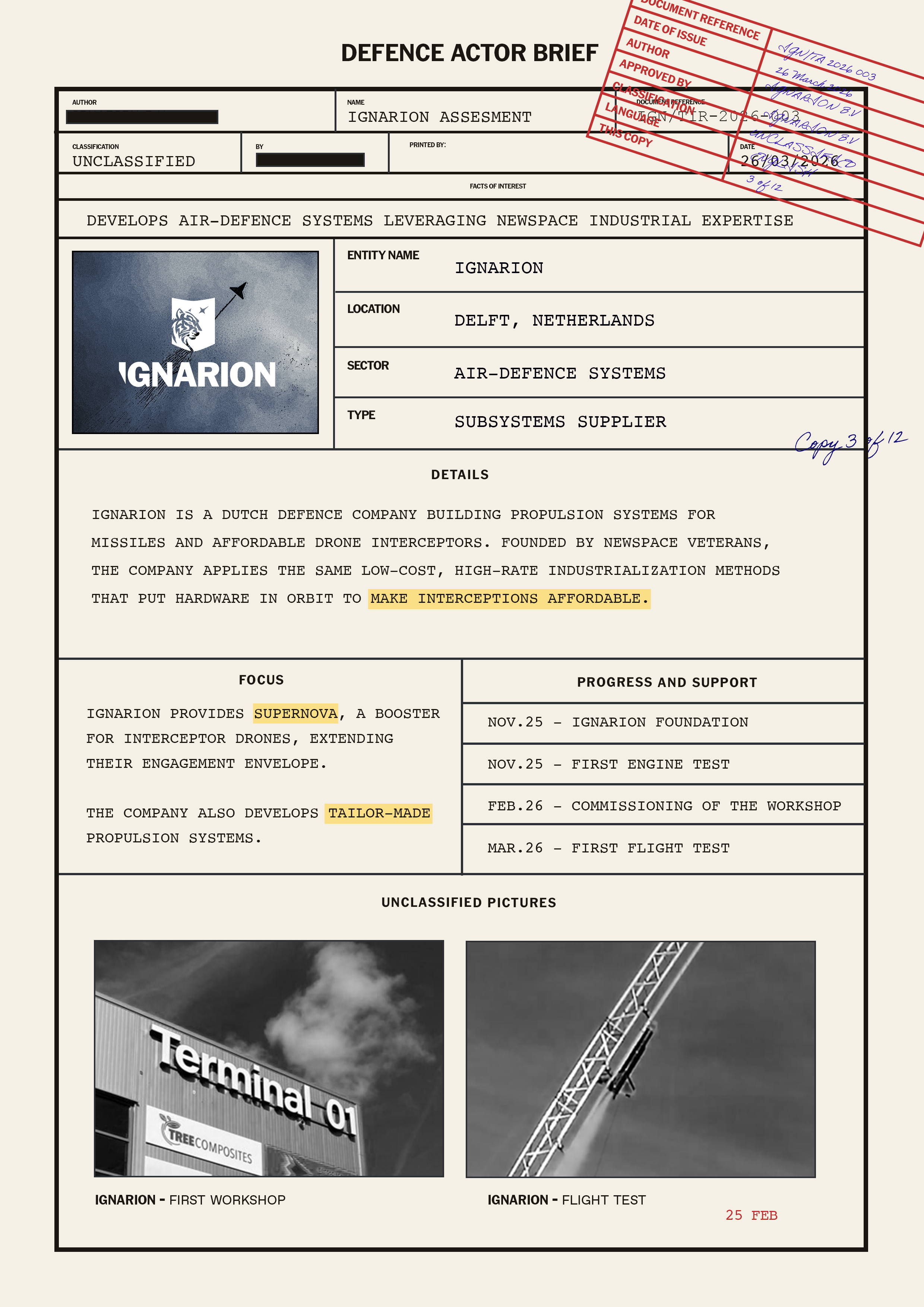 Defence Actor Brief — Ignarion — Delft Netherlands — Air Defence Systems — Subsystems Supplier — Supernova booster —  interceptor